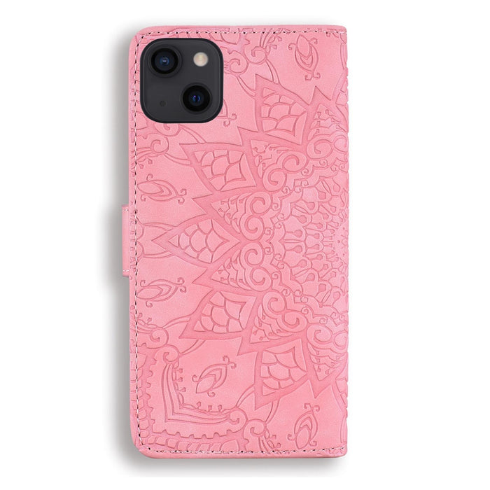 Mandala Embossed Dual Fold Calf Leather Phone Case