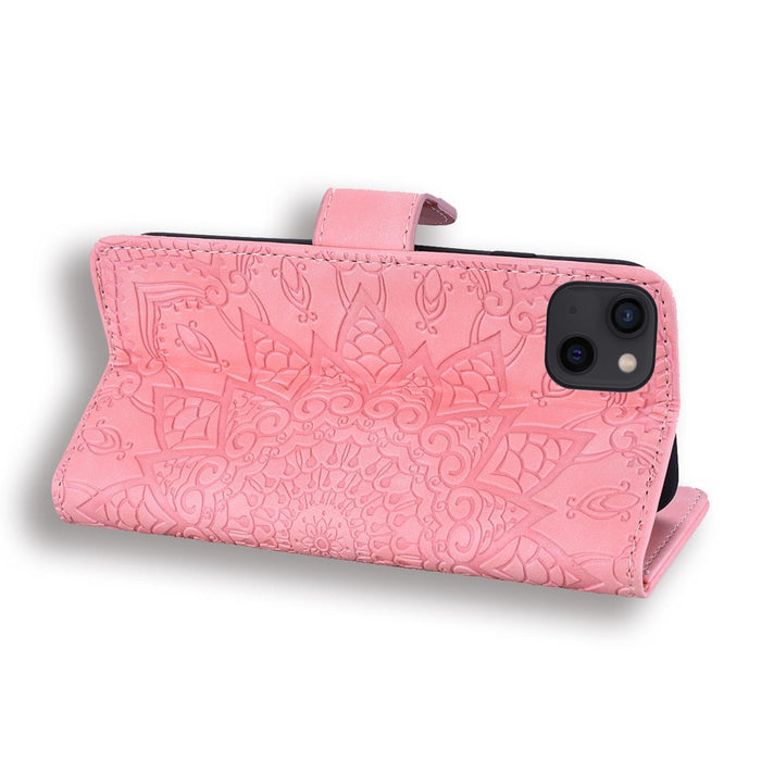 Mandala Embossed Dual Fold Calf Leather Phone Case