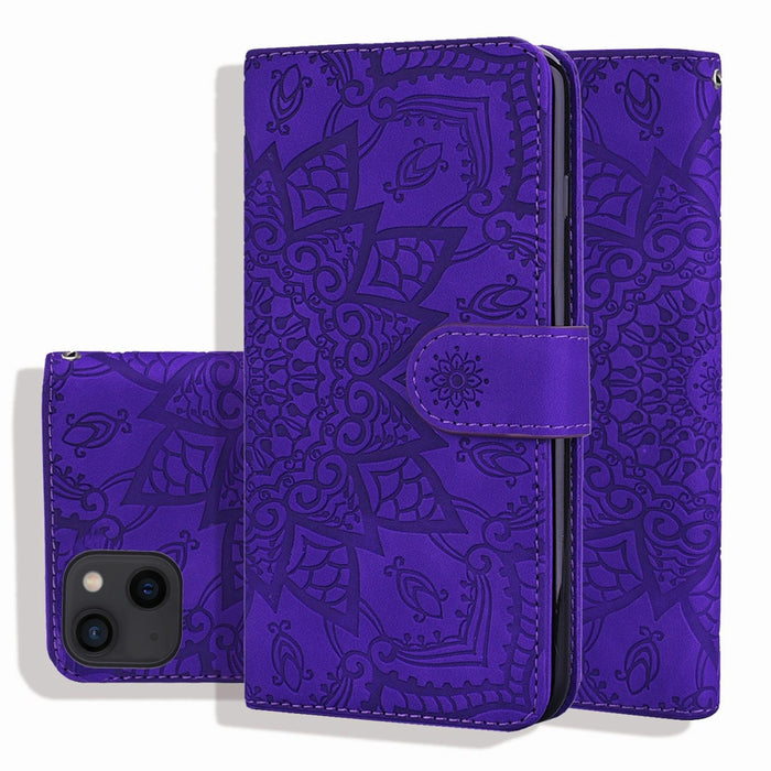 Mandala Embossed Dual Fold Calf Leather Phone Case