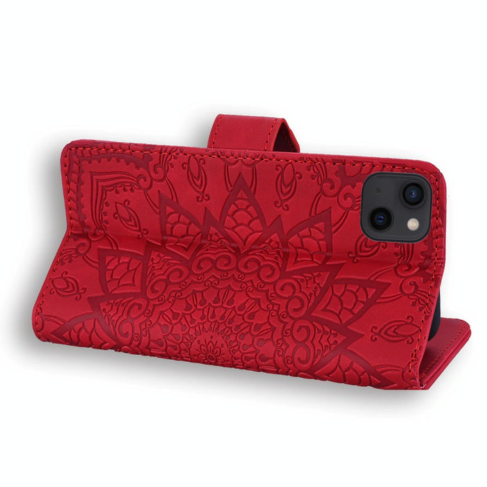 Mandala Embossed Dual Fold Calf Leather Phone Case