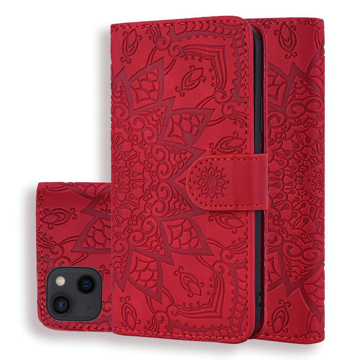 Mandala Embossed Dual Fold Calf Leather Phone Case