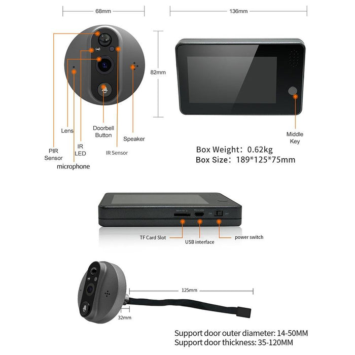 1080P 4.3 Inch Smart Wifi Digital Door Viewer Supports Wide-Angle Pir & Night Vision & Dingdong Photo White