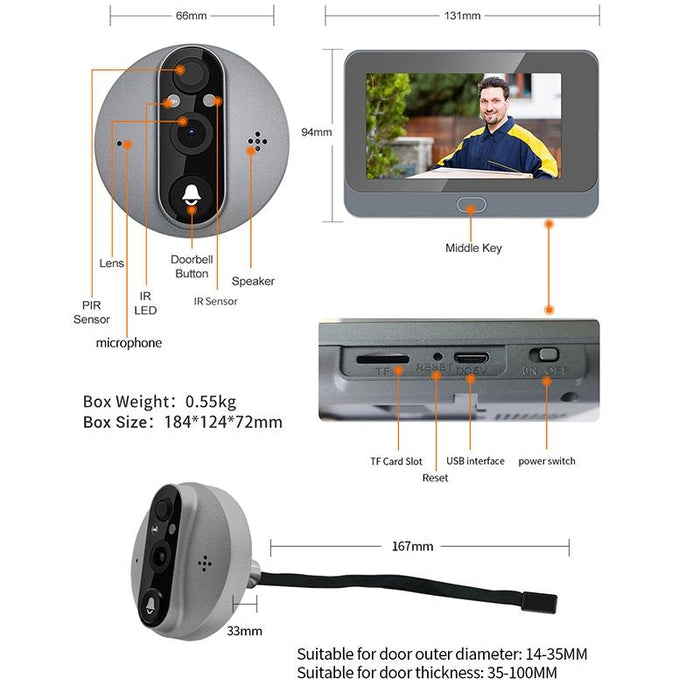 1080P 4.3 Inch Smart Wifi Digital Door Viewer Supports Wide-Angle Pir & Night Vision & Dingdong Photo White