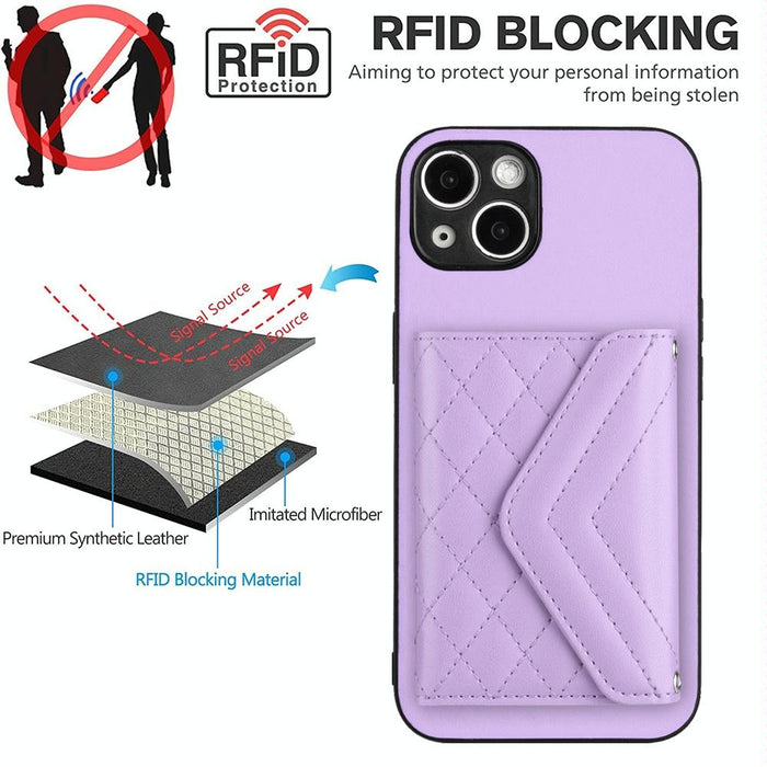 Rhombic Texture Card Bag Rfid Phone Case With Long Lanyard