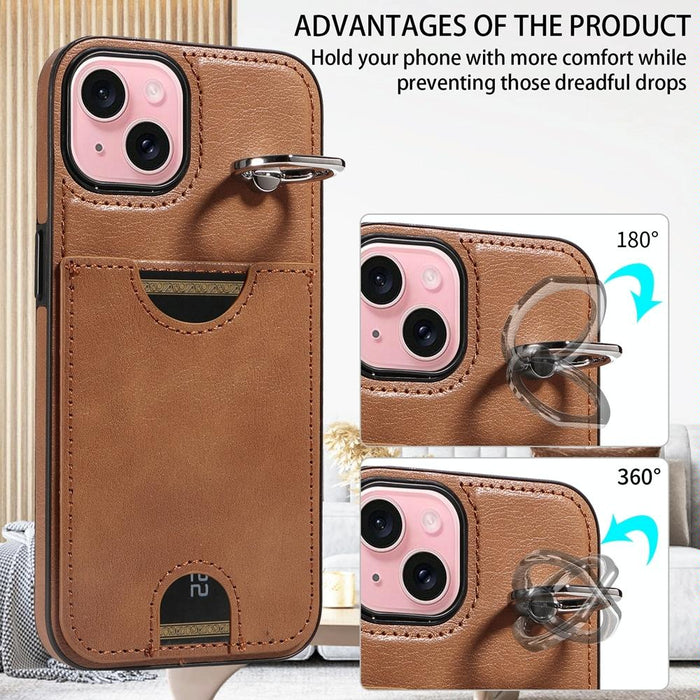 Calf Texture Card Slot Ring Holder Phone Case For Iphone 15