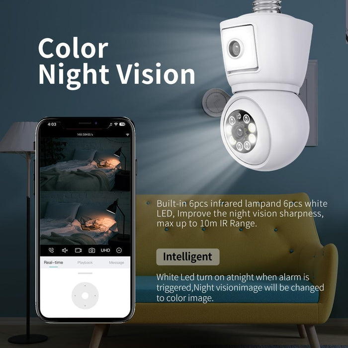 E27 2Mp Dual Lens Motion Detection Waterproof Wifi Ip Two Way Audio Night Vision Camera White