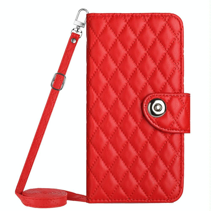 Rhombic Texture Flip Leather Phone Case With Long Lanyard