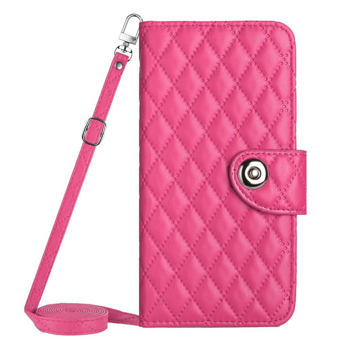 Rhombic Texture Flip Leather Phone Case With Long Lanyard