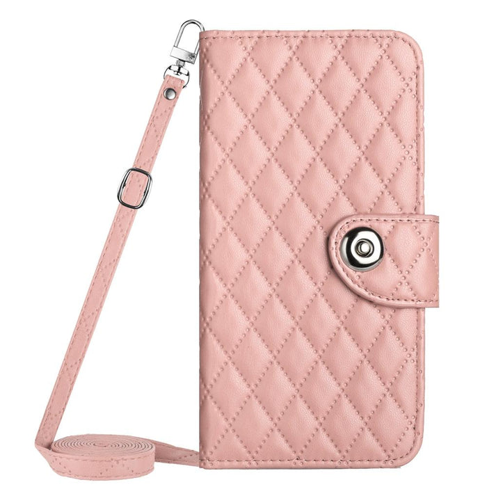 Rhombic Texture Flip Leather Phone Case With Long Lanyard