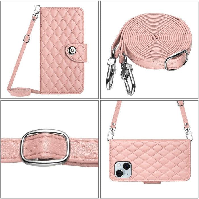 Rhombic Texture Flip Leather Phone Case With Long Lanyard