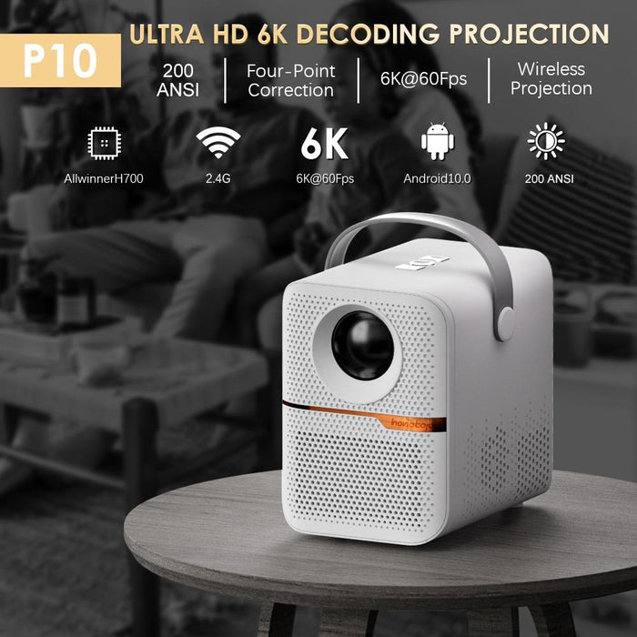 P10 Android 10 Os Hd Portable Wifi Projector White