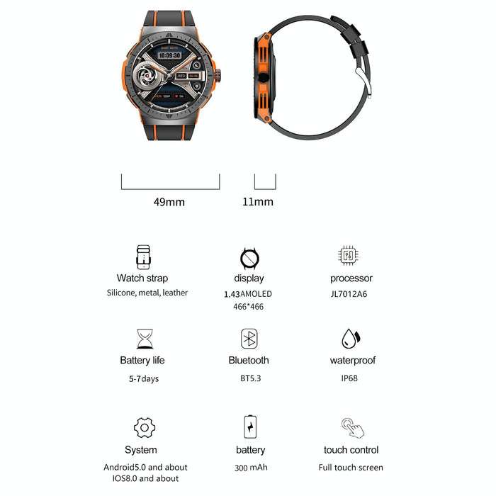 1.43 Inch Bt5.3 Ip68 Sport Smart Watch Support Bluetooth Call / Message Notification / Heart Rate / Blood Pressure Health Monitor