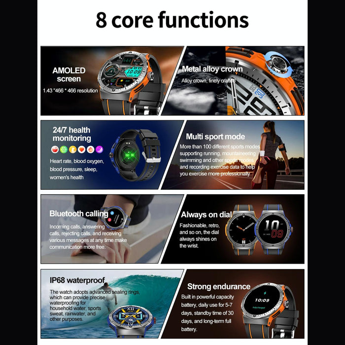 1.43 Inch Bt5.3 Ip68 Sport Smart Watch Support Bluetooth Call / Message Notification / Heart Rate / Blood Pressure Health Monitor