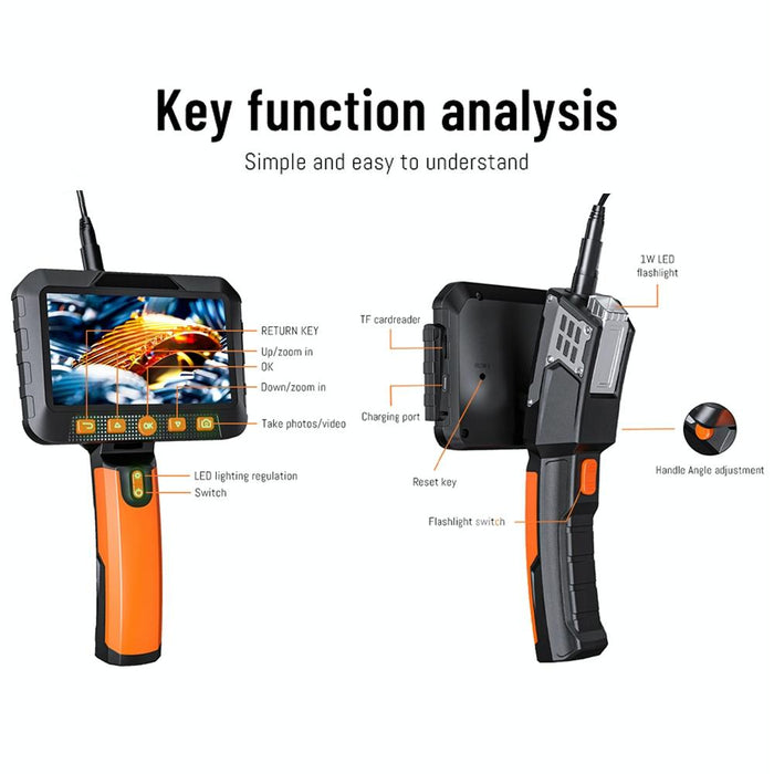5 Inch Ips Colour Screen 7.9Mm Triple Camera Handheld Hard Cable Hd Industrial Endoscope Length 1M Orange Black