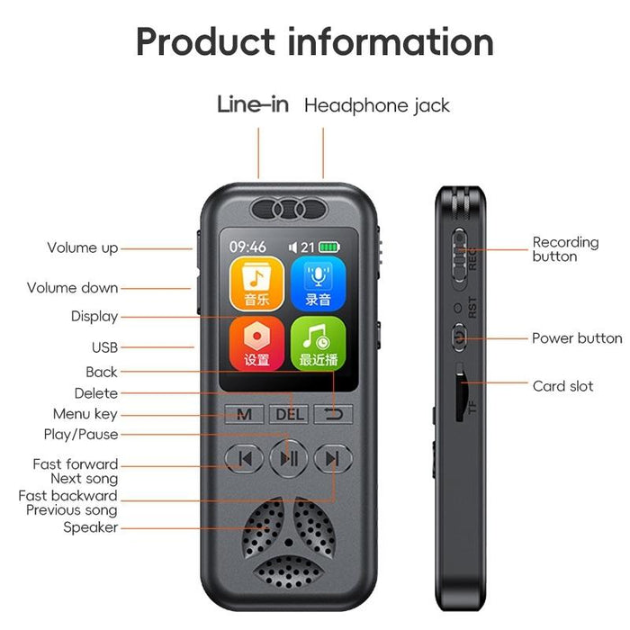 Hd Colour Screen Smart Noise Reduction Voice Recorder Black