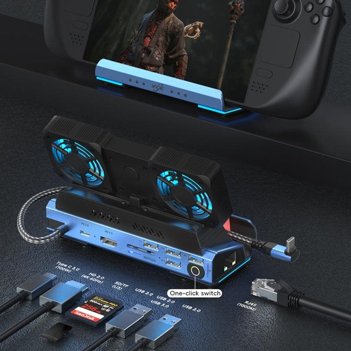 Yce-V279A 9 In 1 Usb-C Gaming Dock Station With Detachable Fan Blue Black