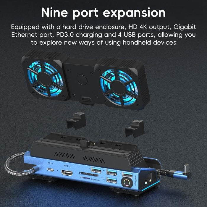 Yce-V279A 9 In 1 Usb-C Gaming Dock Station With Detachable Fan Blue Black