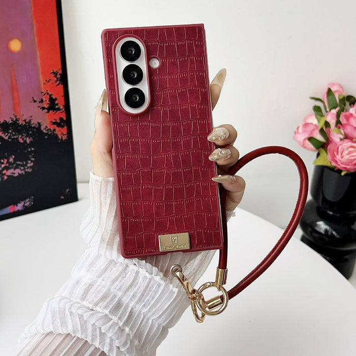 For Samsung Galaxy Z Fold7 5G Crocodile Texture Tpu Phone Case With Strap Red