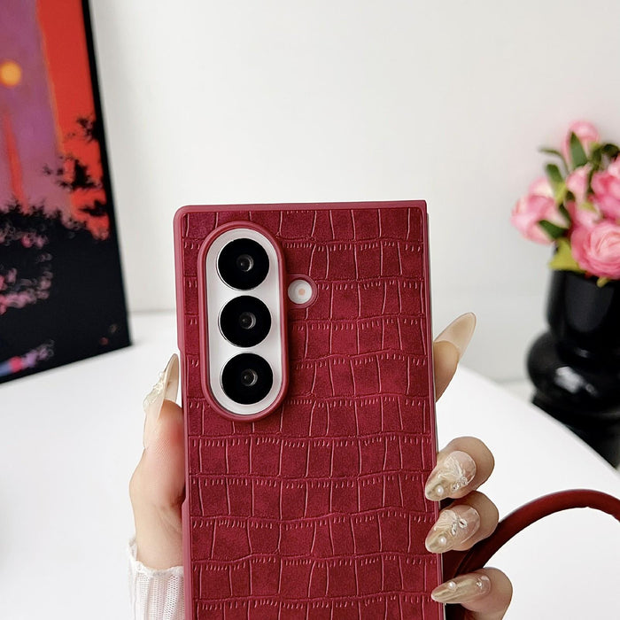 For Samsung Galaxy Z Fold7 5G Crocodile Texture Tpu Phone Case With Strap Red