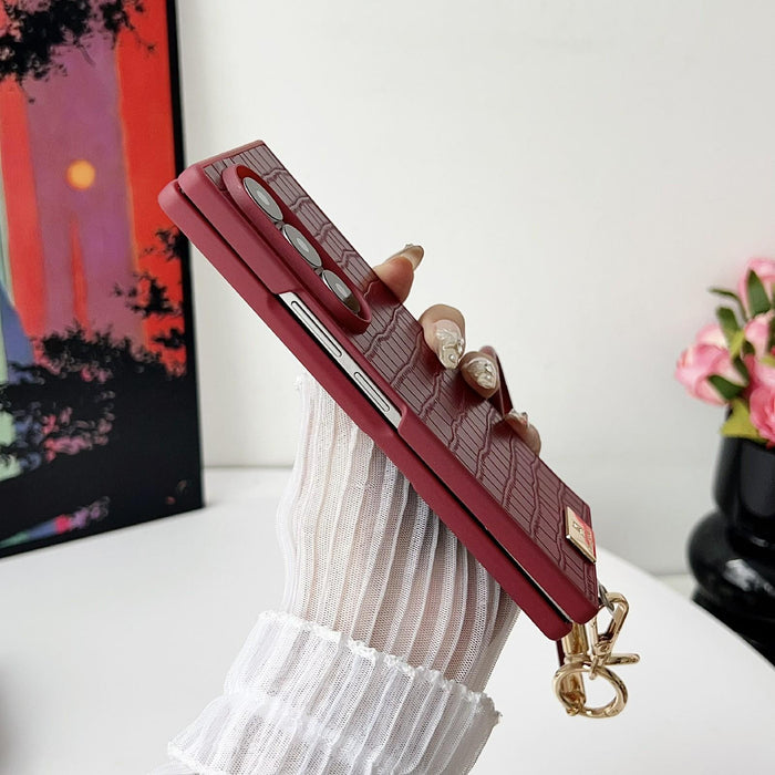 For Samsung Galaxy Z Fold7 5G Crocodile Texture Tpu Phone Case With Strap Red