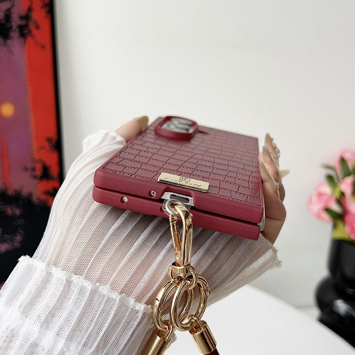 For Samsung Galaxy Z Fold7 5G Crocodile Texture Tpu Phone Case With Strap Red