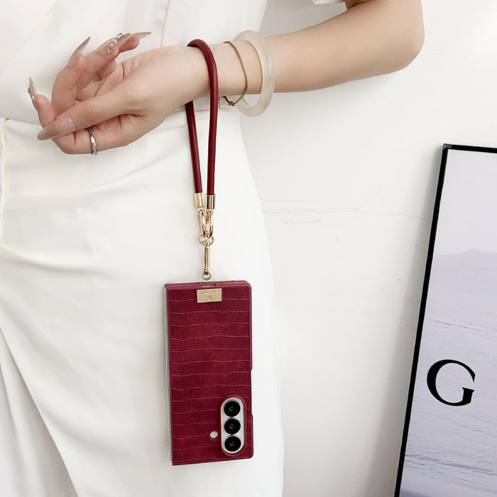 For Samsung Galaxy Z Fold7 5G Crocodile Texture Tpu Phone Case With Strap Red