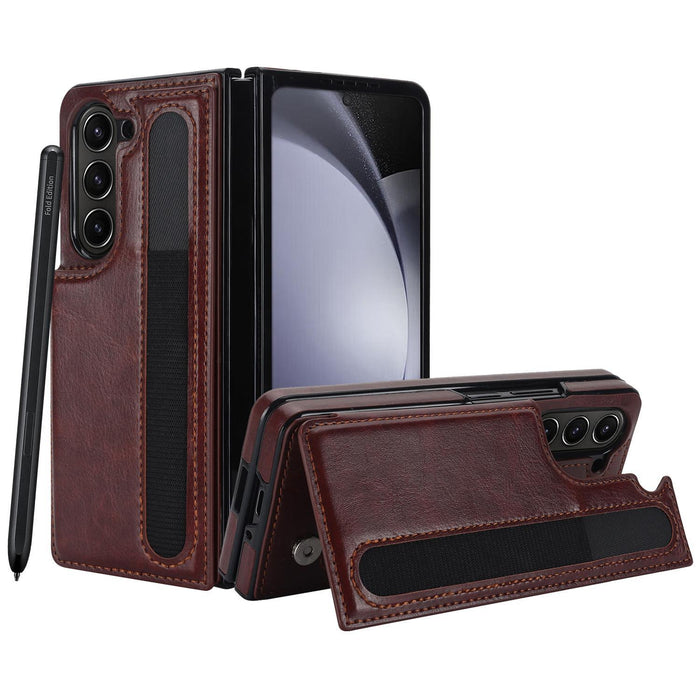 For Samsung Galaxy Z Fold7 5G Full Coverage Fold Double Buckle Pu Phone Case With Pen Slots