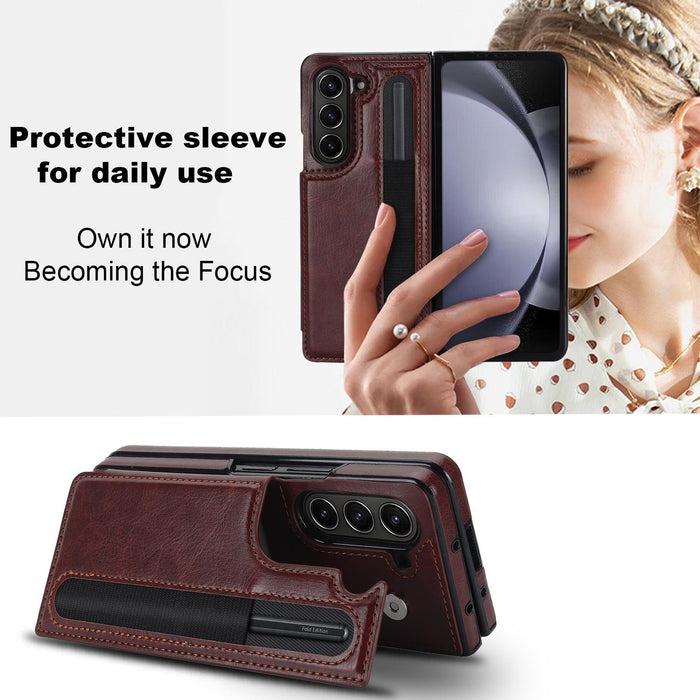 For Samsung Galaxy Z Fold7 5G Full Coverage Fold Double Buckle Pu Phone Case With Pen Slots