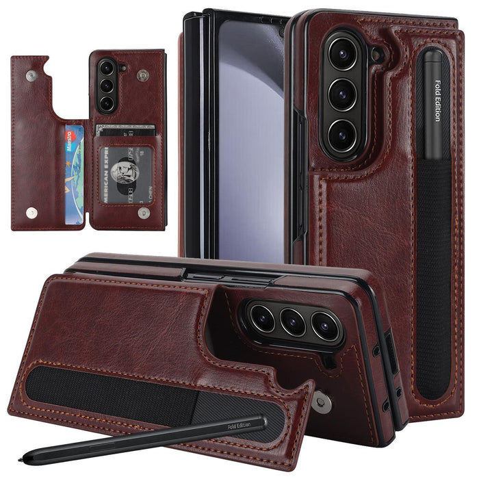 For Samsung Galaxy Z Fold7 5G Full Coverage Fold Double Buckle Pu Phone Case With Pen Slots