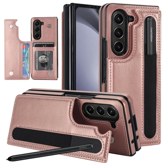 For Samsung Galaxy Z Fold7 5G Full Coverage Fold Double Buckle Pu Phone Case With Pen Slots