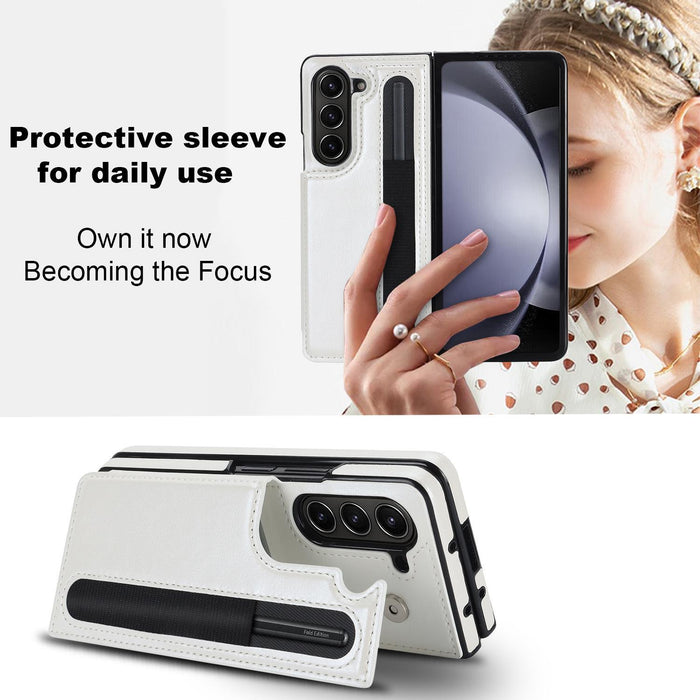 For Samsung Galaxy Z Fold7 5G Full Coverage Fold Double Buckle Pu Phone Case With Pen Slots