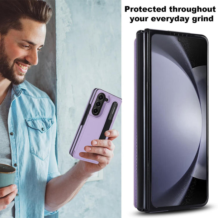 For Samsung Galaxy Z Fold7 5G Full Coverage Fold Double Buckle Pu Phone Case With Pen Slots