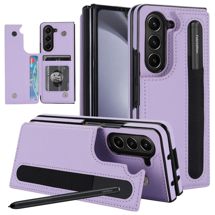 For Samsung Galaxy Z Fold7 5G Full Coverage Fold Double Buckle Pu Phone Case With Pen Slots