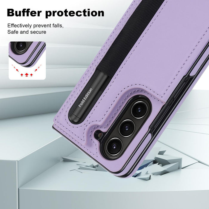 For Samsung Galaxy Z Fold7 5G Full Coverage Fold Double Buckle Pu Phone Case With Pen Slots