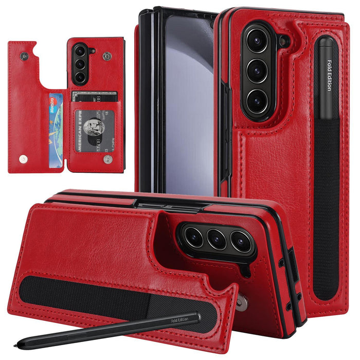 For Samsung Galaxy Z Fold7 5G Full Coverage Fold Double Buckle Pu Phone Case With Pen Slots