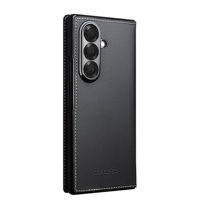For Samsung Galaxy Z Fold7 5G Qialino Plain Weave Texture Genuine Leather Phone Case Black
