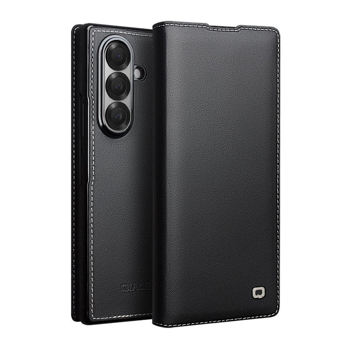 For Samsung Galaxy Z Fold7 5G Qialino Plain Weave Texture Genuine Leather Phone Case Black