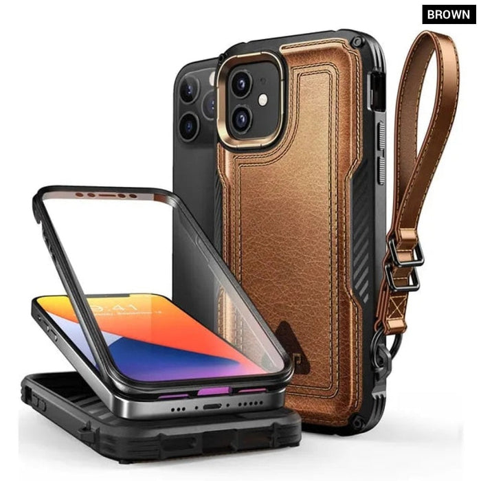 Full-Body Rugged Leather Case With Built-in Screen Protector For iPhone 12 Pro