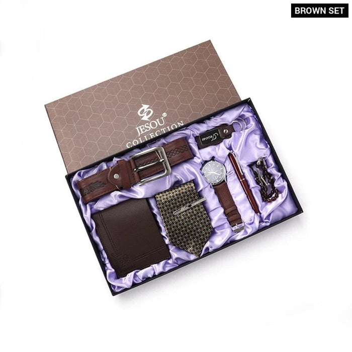 Mens Belt Wallet Keychain Tie Rosary Bracelet Pen Boutique Wrist Watch 7Pcs Set