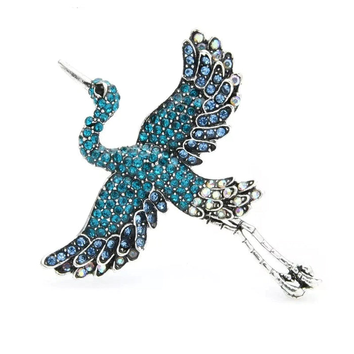 Blue Pink Rhinestone Crane Bird Brooch Alloy Animal Pin