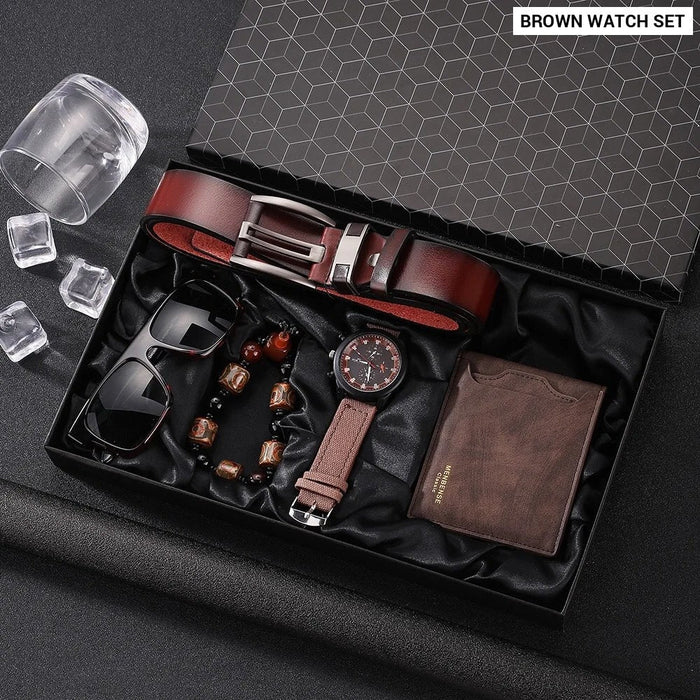 Mens Leather Belt Folding Wallet Sunglasses Bracelet Quartz Wrist Watch Set