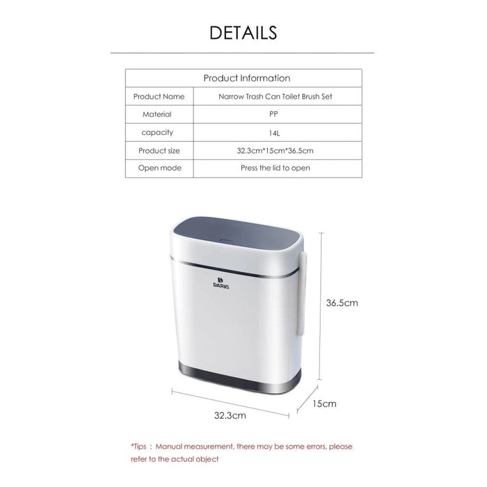 14 Liter Plastic Slim Garbage Container Bin With Press Top Lid For Kitchen Bathroom