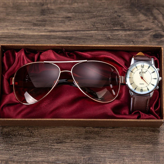 Mens Leather Band Quartz Wrist Watch Set With Sunglasses