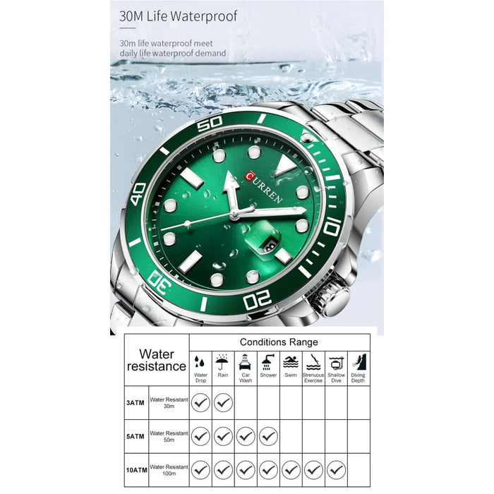 Fashion Business Mens Wristwatches Green Clock Male Quartz