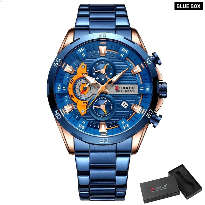 Fashion Sports Watches For Man Casual Stainless Steel Band Chronograph Wristwatches Luminous Male Clock