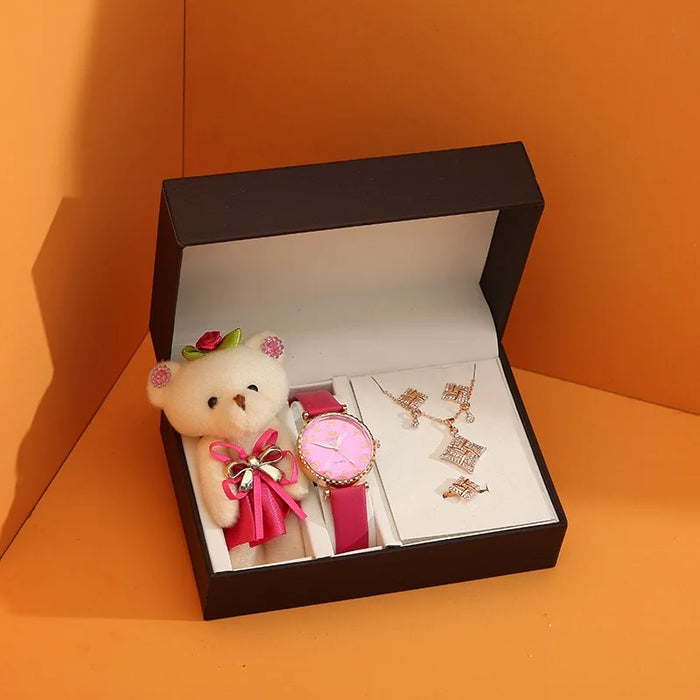 Womens Quartz Watch Diamond Necklace Earring Bear Puppet Set With Box