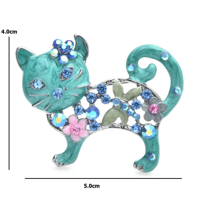 Enamel Cat Brooch Rhinestone Flower Animal Pin