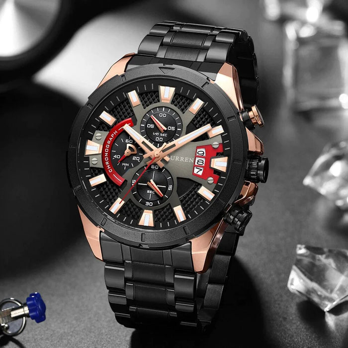 Fashion Wristwatches Mens Quartz Stainless Steel Band Casual Sport Chronograph Watches Black Luminous Clcok Male