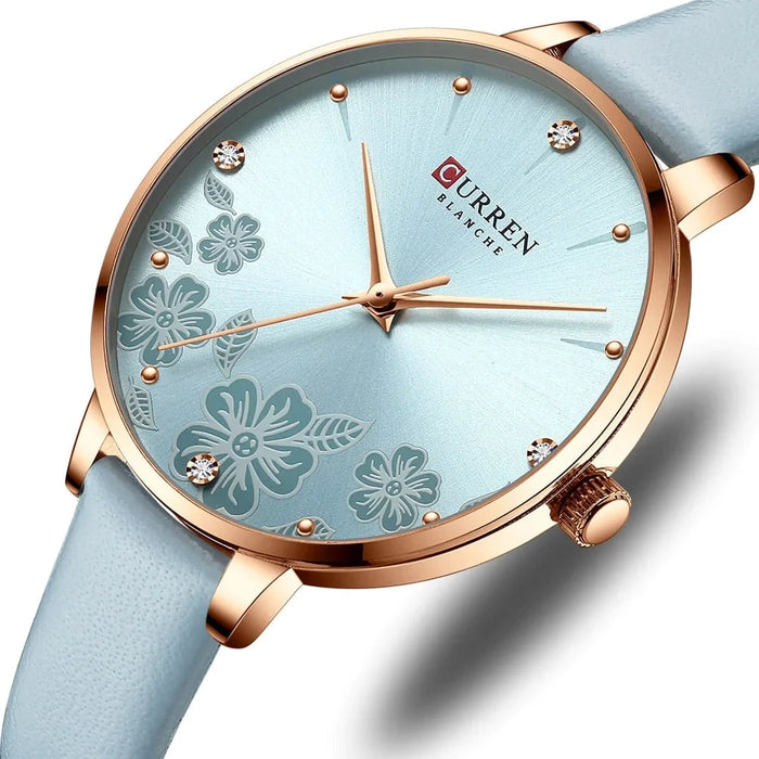 Leather Quartz Charm Flowers Dial WristWatches Clock For Ladies