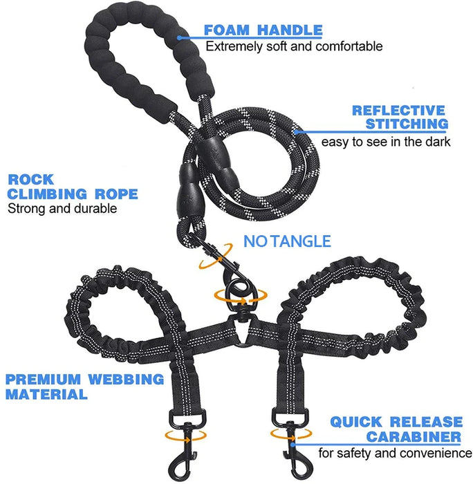 360 Swivel Bungee Double Dog Leash Reflective Padded And Strong